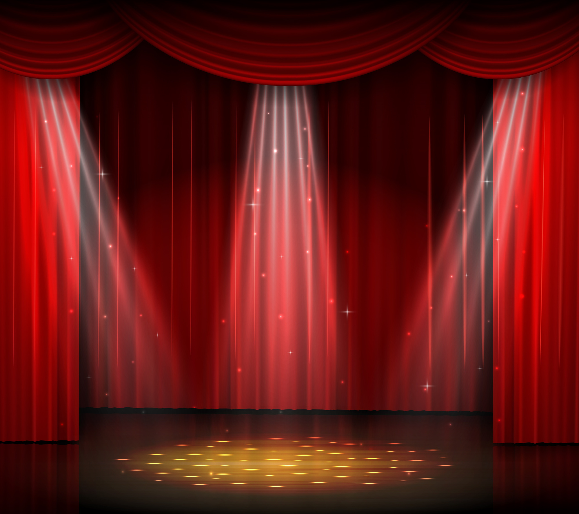 Theater Stage with Red Curtain and Spotlights